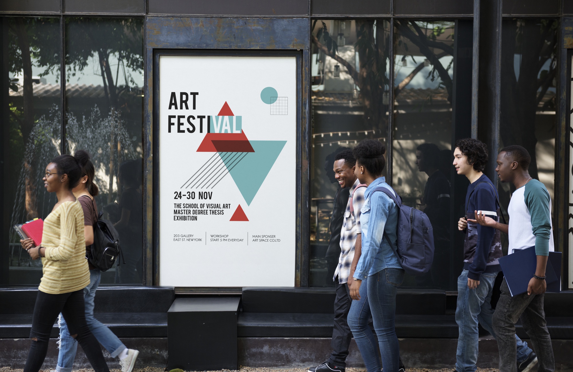group-diverse-friends-walking-pass-art-exhibition-placard